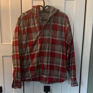 Eddie Bauer Red and Gray Plaid Lightweight Shirt Jacket with Hood